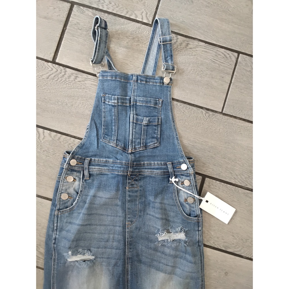Risen Jeans Distressed Denim Overall Dress Medium Wash Frayed Hem RDS6026 M NWT - Picture 2 of 6
